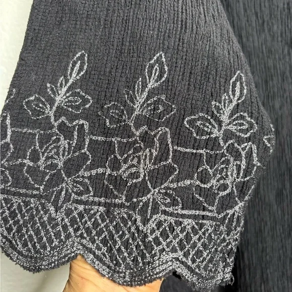 Junonia Black Textured Crinkle Blouse with Embroidered Elbow Length Sleeves. 4X - Picture 2 of 14